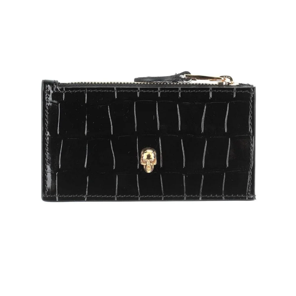 Alexander McQueen Croc-Embossed Leather Skull Card Holder Black Gold - Picture 2 of 8